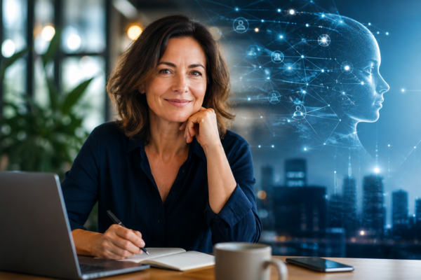 Frau arbeitet konzentriert am Laptop, im Hintergrund eine abstrakte digitale KI-Visualisierung als Symbol für die Verbindung von Mensch und Technologie