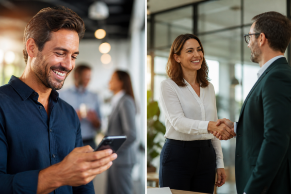 Lächelnde Geschäftsperson nutzt ein Smartphone in einem modernen Büro, während im Hintergrund unscharf andere Menschen ein Netzwerk symbolisieren Wenn du willst, kann ich dir die beiden Bilder auch direkt aufeinander abstimmen (z. B. gleiche Wortwelt für den Newsletter) – das wirkt nochmal deutlich runder.