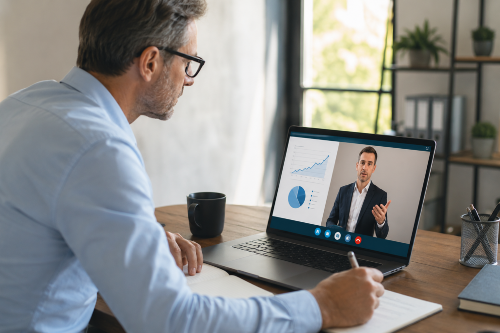 Unternehmer nimmt an einem Online-Webinar zur Vermögensanlage und Vermögenssicherung teil und verfolgt die Präsentation eines Finanzexperten am Laptop.