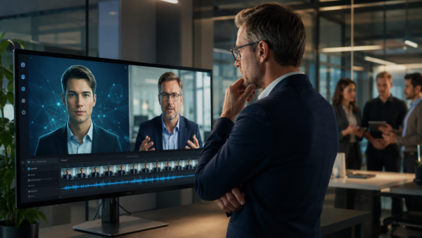 Geschäftsmann analysiert auf einem Bildschirm die Gegenüberstellung eines KI-generierten Avatars und einer realen Videopräsentation in moderner Büroumgebung.