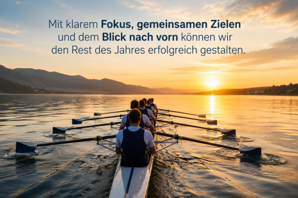 Ein Ruderteam fährt bei Sonnenaufgang in perfekter Synchronisation über einen ruhigen See und symbolisiert Fokus, Zusammenarbeit und den gemeinsamen Weg zu den Zielen der zweiten Jahreshälfte.
