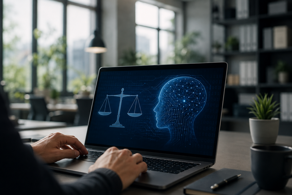 Moderne Büroszene mit Laptop, auf dessen Bildschirm eine symbolische Darstellung von künstlicher Intelligenz und Recht zu sehen ist. Das Bild steht für Transparenz, KI-Kennzeichnung und den EU AI Act.