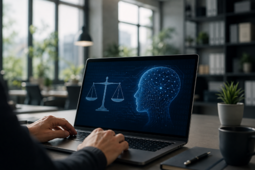 Moderne Büroszene mit Laptop, auf dessen Bildschirm eine symbolische Darstellung von künstlicher Intelligenz und Recht zu sehen ist. Das Bild steht für Transparenz, KI-Kennzeichnung und den EU AI Act.