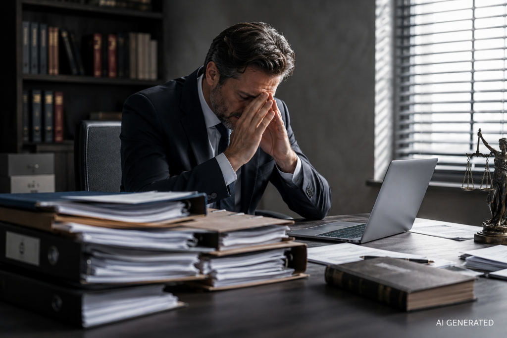 Unternehmer sitzt angespannt zwischen Akten und Unterlagen an seinem Schreibtisch – Symbolbild für die finanziellen und persönlichen Belastungen eines strafrechtlichen Ermittlungsverfahrens.