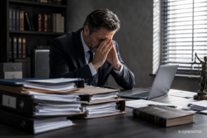 Unternehmer sitzt angespannt zwischen Akten und Unterlagen an seinem Schreibtisch – Symbolbild für die finanziellen und persönlichen Belastungen eines strafrechtlichen Ermittlungsverfahrens.