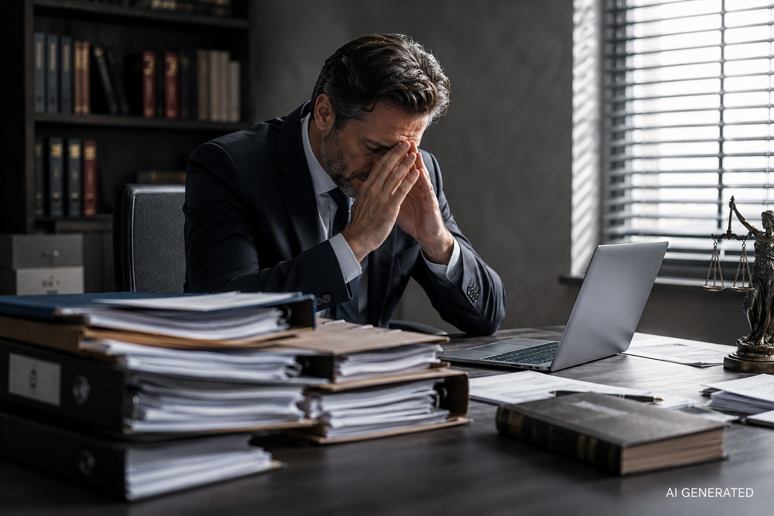 Unternehmer sitzt angespannt zwischen Akten und Unterlagen an seinem Schreibtisch – Symbolbild für die finanziellen und persönlichen Belastungen eines strafrechtlichen Ermittlungsverfahrens.