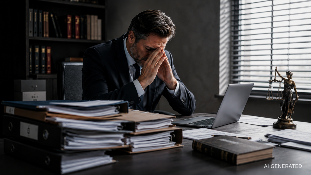 Unternehmer sitzt angespannt zwischen Akten und Unterlagen an seinem Schreibtisch – Symbolbild für die finanziellen und persönlichen Belastungen eines strafrechtlichen Ermittlungsverfahrens.