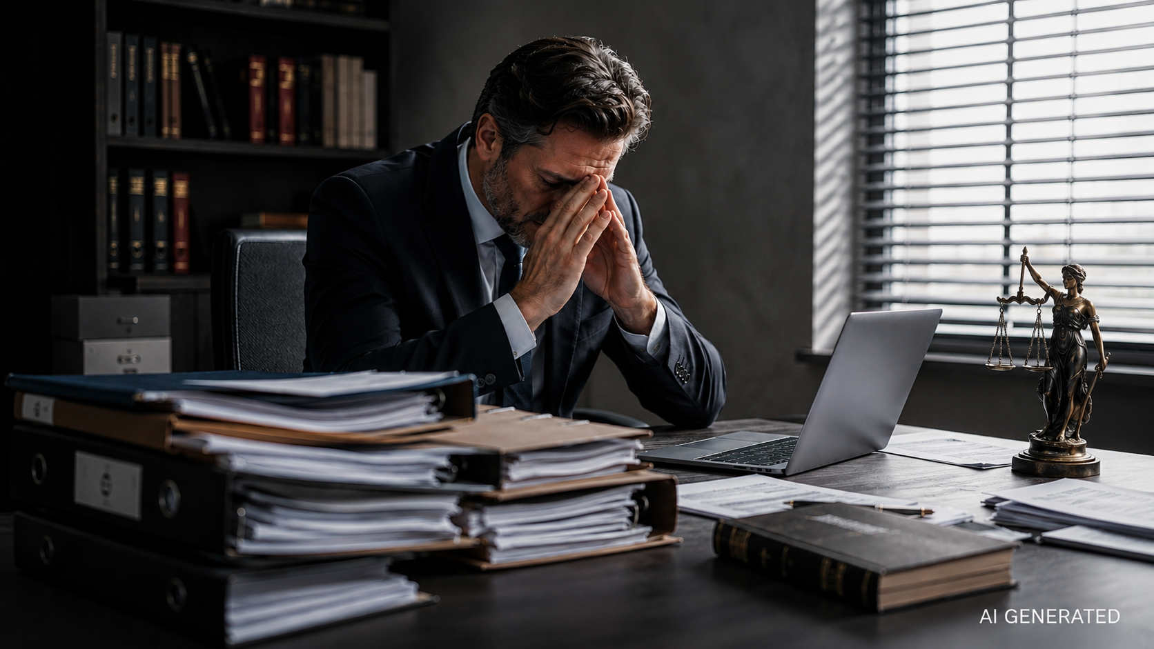 Unternehmer sitzt angespannt zwischen Akten und Unterlagen an seinem Schreibtisch – Symbolbild für die finanziellen und persönlichen Belastungen eines strafrechtlichen Ermittlungsverfahrens.