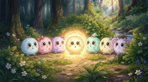 Sieben kleine, flauschige Fantasiewesen in Pastellfarben sitzen gemeinsam auf einer Waldlichtung. Das Wesen in der Mitte leuchtet golden.
