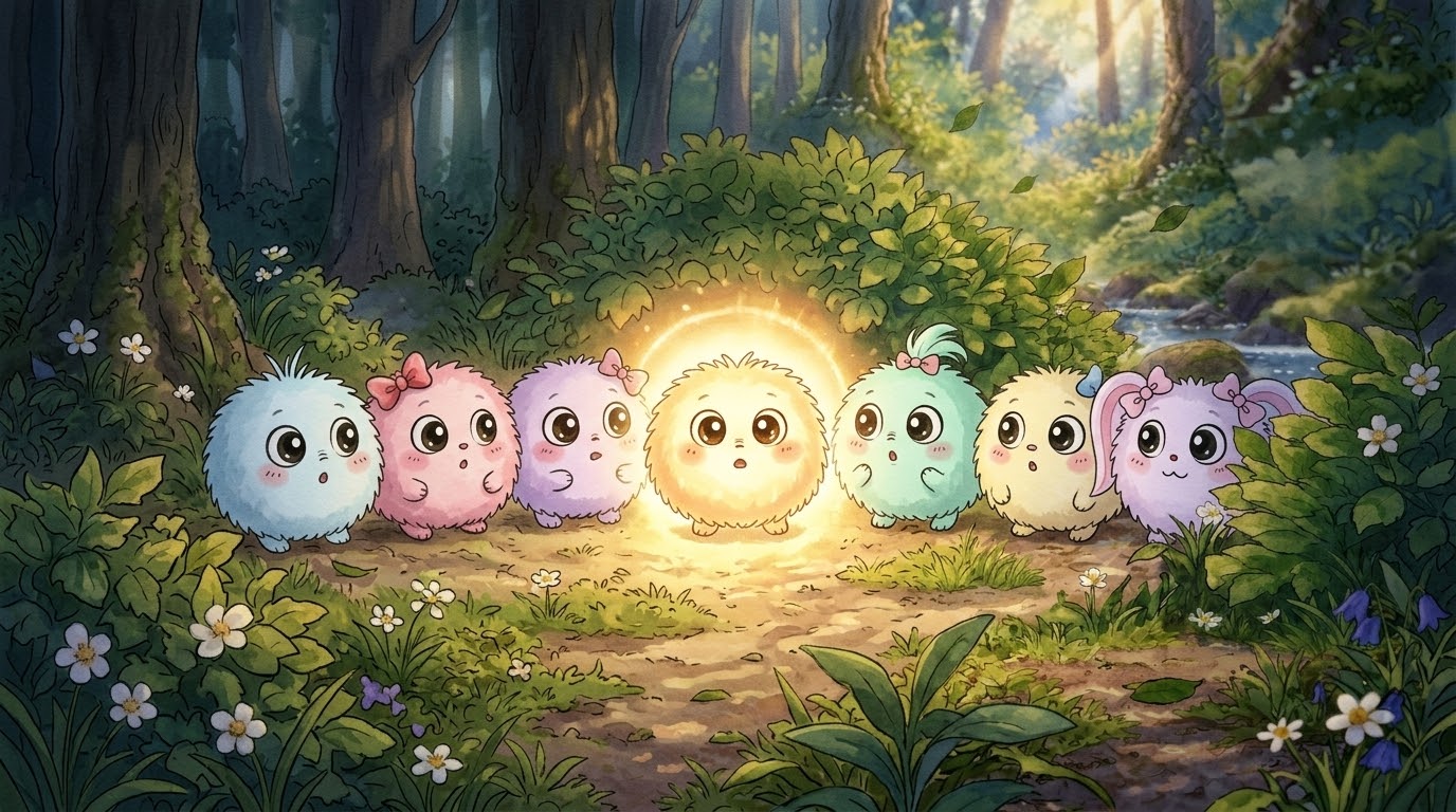 Sieben kleine, flauschige Fantasiewesen in Pastellfarben sitzen gemeinsam auf einer Waldlichtung. Das Wesen in der Mitte leuchtet golden.