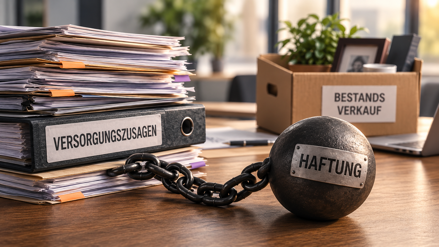 Aktenordner mit Versorgungszusagen, verbunden durch eine Eisenkette mit einer Kugel, die Haftungsrisiken beim Bestandsverkauf symbolisiert.